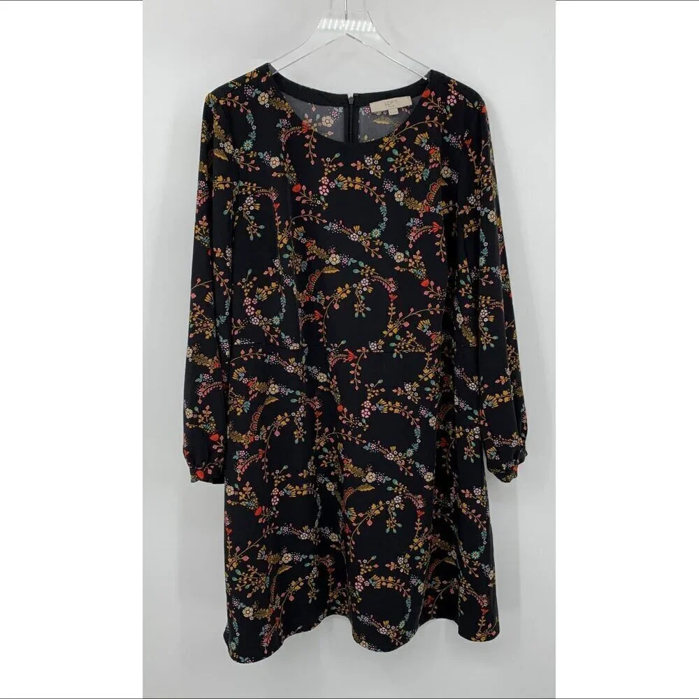 Loft Plus shift dress black dark floral stretch long sleeve flower garland 18